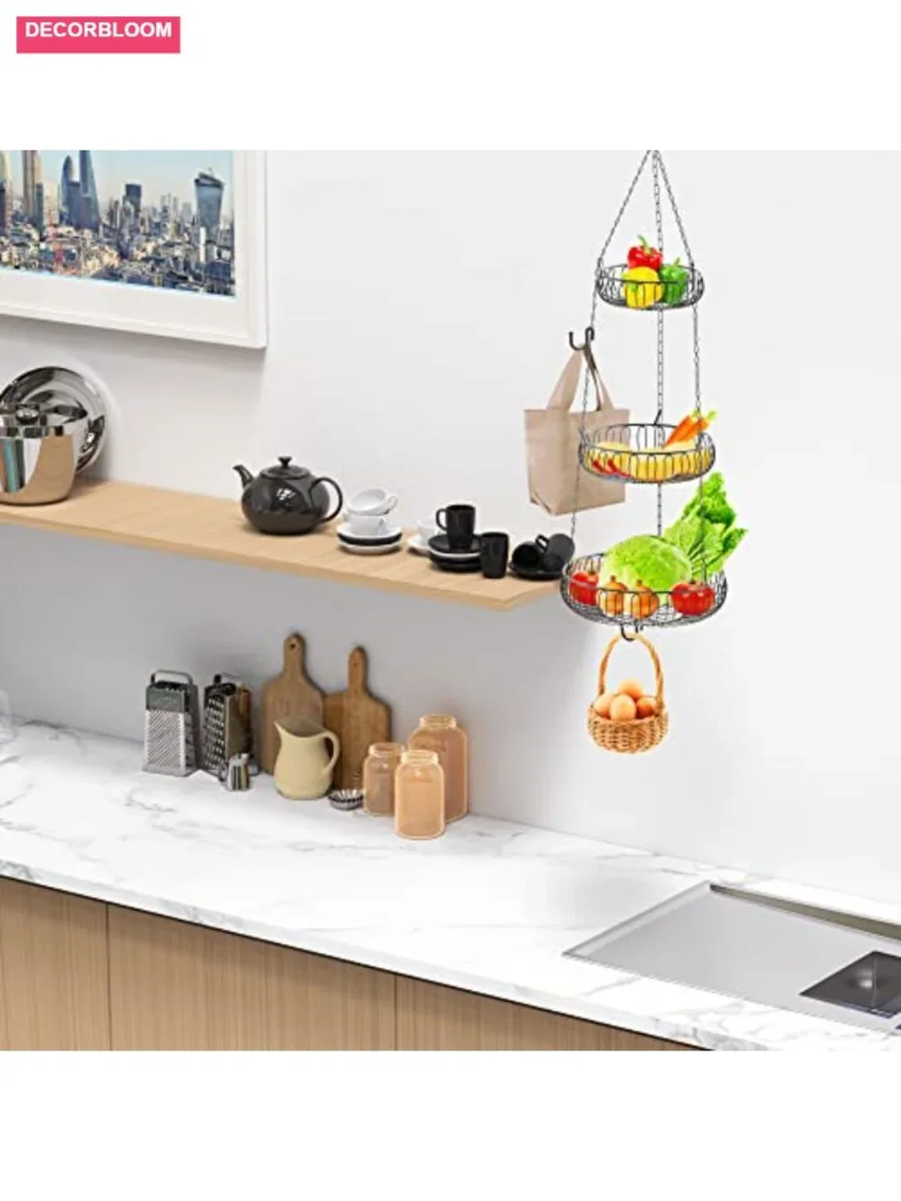 Adjustable Metal Hanging Fruit Basket Oblate Shape 3-Tier Kitchen Storage